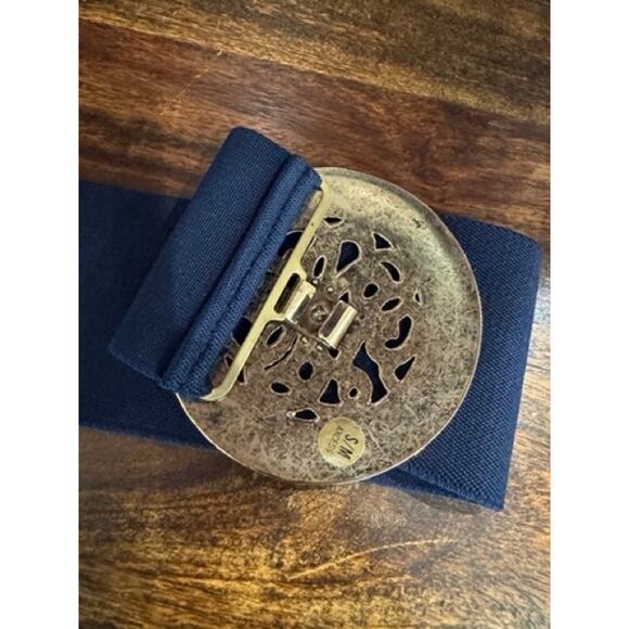 Vintage Gold Tone Monogram Navy Blue Elastic Belt Designer Style - Picture 4 of 5